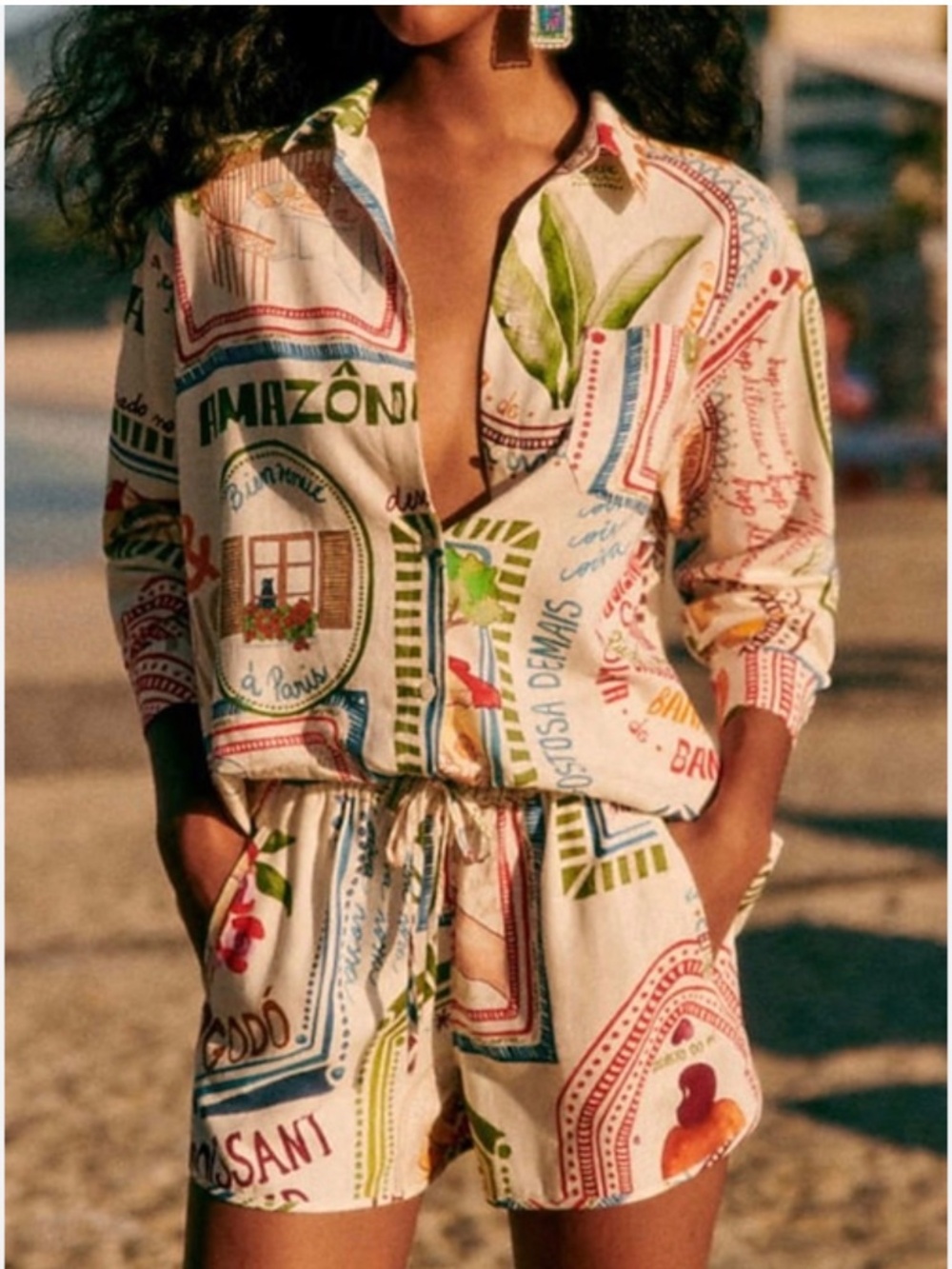 Sézane x Farm Rio Max Shirt in the "Paris Ama Rio" print